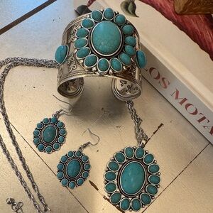Turquoise Silver Cuff Earrings & Pendant Jewelry Set- Brand Mew